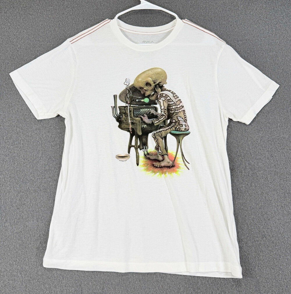 RVCA Artist Network Program Mens Medium White Skeleton Machine Graphic T Shirt